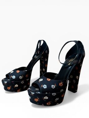 Saint Laurent Jodie 125 Floral Platform Heels Sandals in Black Silk EU 40 US 10